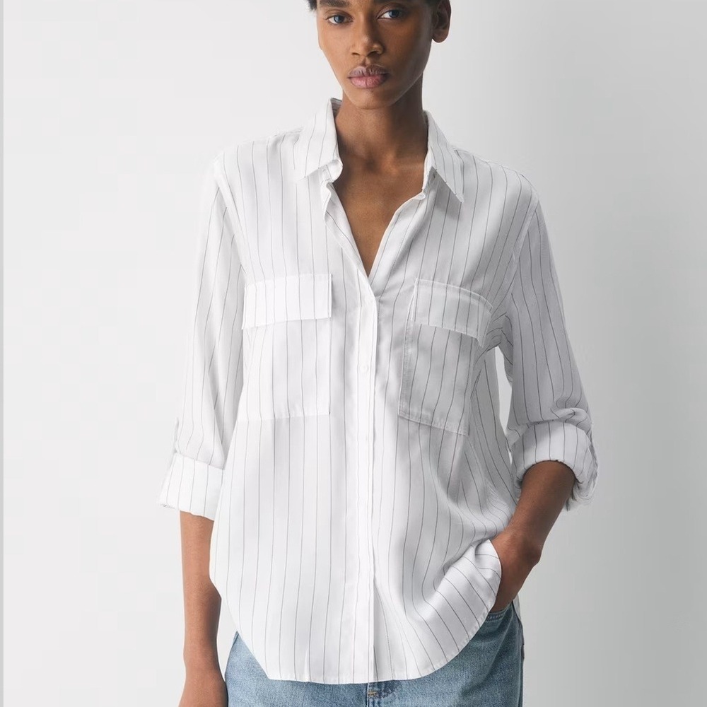 NEW Babaton Aritzia Stripe Utility Shirt Sz XL White Navy Roll Tab Sleeves NWT